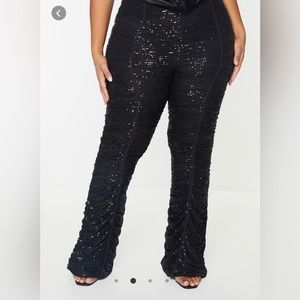 PLT Black Sequin Ruched Flared Pants